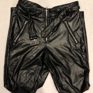 Essue black faux leather pants with belt in S